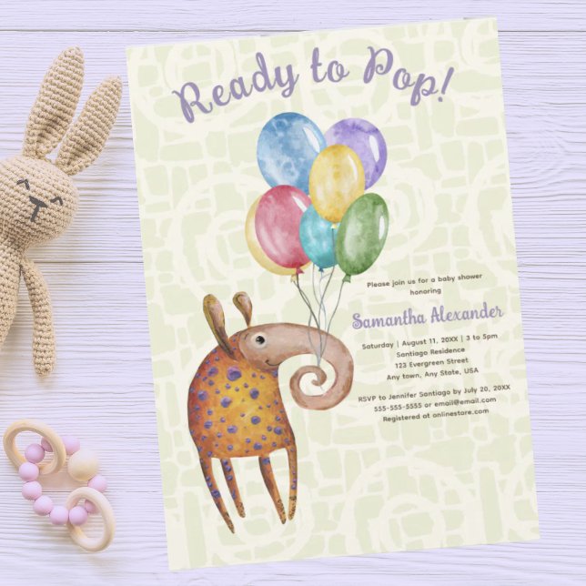 Ready to Pop baby shower Invitation (Ready to Pop baby shower invitation. Cute aardvark holding balloons. Pastel green pattern background)