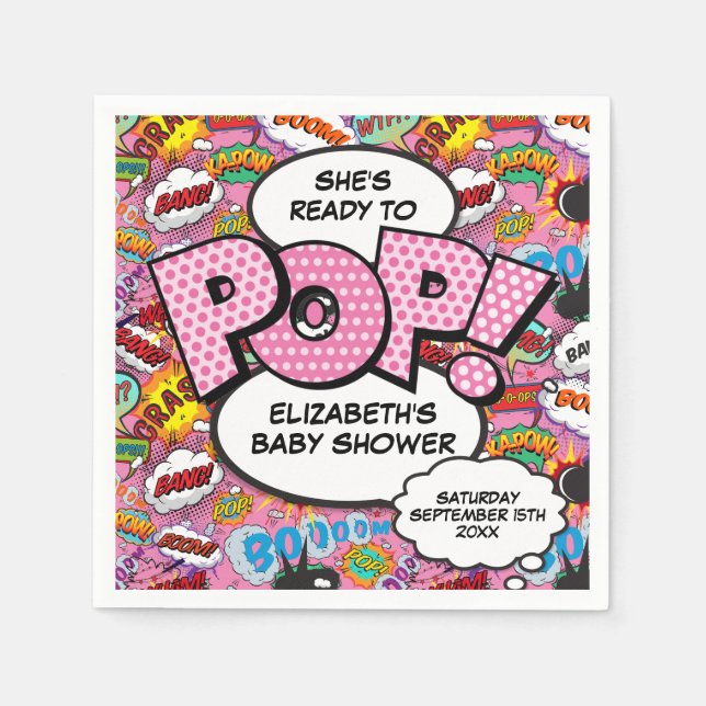 Ready to Pop Baby Shower Pink Comic Book Napkins (Front)