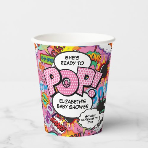 Ready to Pop Baby Shower Pink Comic Book Paper Cups