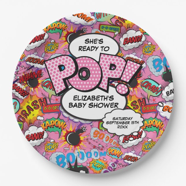 Ready to Pop Baby Shower Pink Comic Book Paper Plates (Front)