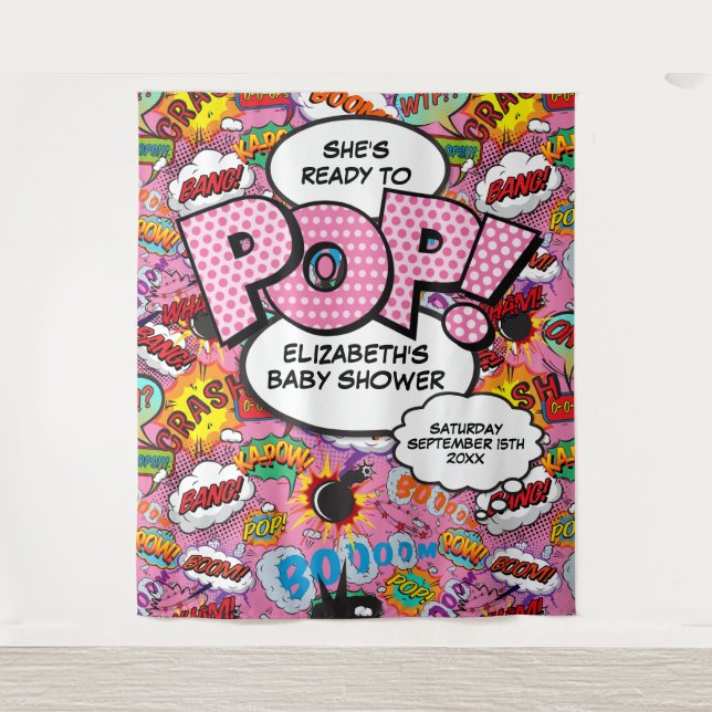 Ready to Pop Baby Shower Pink Photo Backdrop (Front)