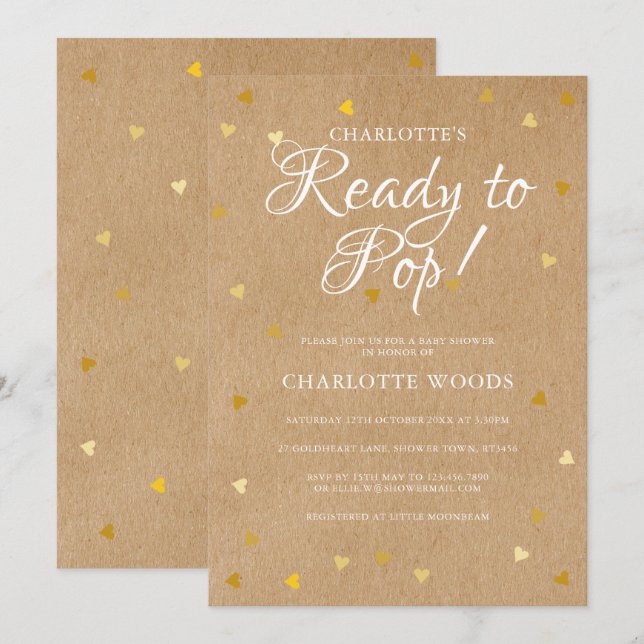 Ready to Pop Baby Shower / Sprinkle Gold Hearts Invitation (Front/Back)