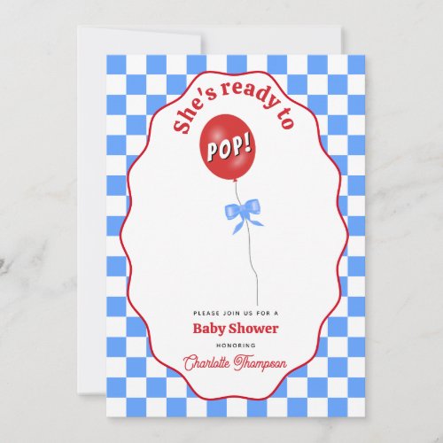 Ready to Pop Balloon Blue Retro Baby Shower Invitation