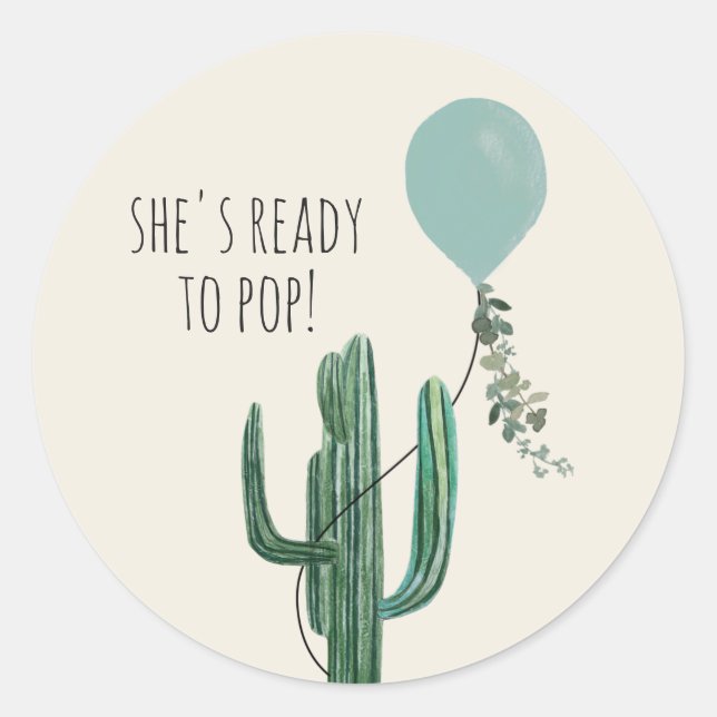 Ready to Pop Balloon Cactus Blue Boy Baby Shower Classic Round Sticker (Front)
