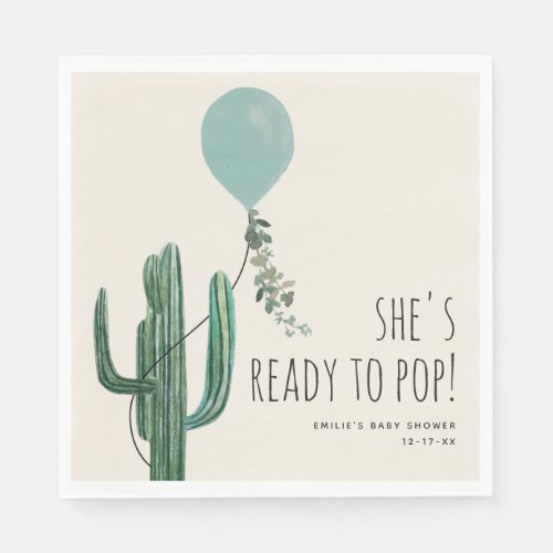 Ready to Pop Balloon Cactus Blue Boy baby shower Napkins