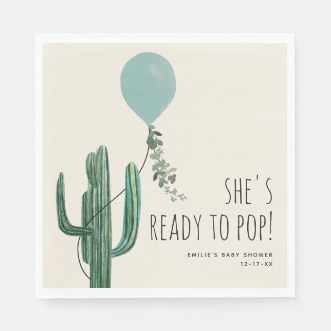 Ready to Pop Balloon Cactus Blue Boy baby shower Napkins (Front)