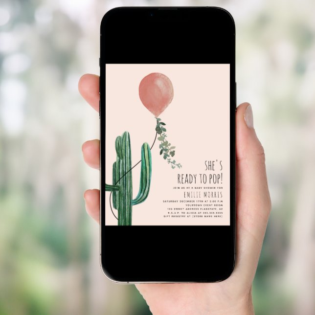 Ready to Pop Balloon Cactus Pink Baby Shower Invitation (Front Digital)