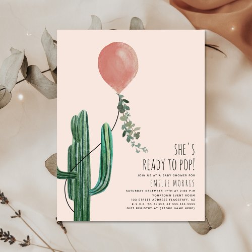 Ready to Pop Balloon Cactus Pink Baby Shower Invitation
