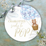 Ready To Pop Bearly Wait Bear Cub Blue Baby Shower Classic Round Sticker<br><div class="desc">Cute "ready to pop" teddy bear-themed blue,  boy baby shower design. Designed by Thisisnotme©</div>