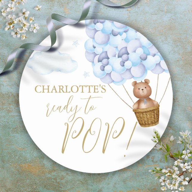 Ready To Pop Bearly Wait Bear Cub Blue Baby Shower Classic Round Sticker (Ready To Pop Bearly Wait Bear Cub Blue Baby Shower Classic Round Sticker)