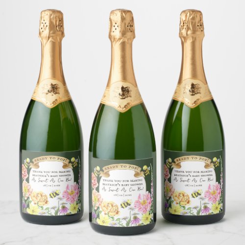 Ready to Pop Bee and Wildflower Baby Shower Sparkling Wine Label