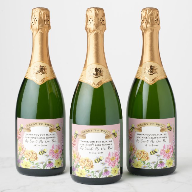 Ready to Pop Bee and Wildflower Baby Shower Sparkling Wine Label (Bottles)