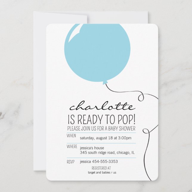 Ready to Pop Blue Balloon Boy Baby Shower Invite (Front)
