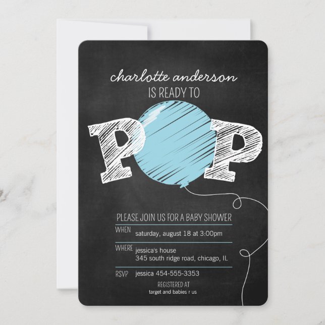 Ready to Pop Blue Balloon Boy Baby Shower Invite (Front)