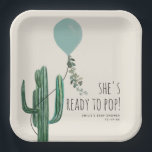 Ready to Pop Blue Balloon Cactus Boy Baby Shower Paper Plates<br><div class="desc">Illustration of a blue balloon with string wrapped around cactus with botanical greenery on string.  Beige background and black text says,  "She's ready to pop"</div>