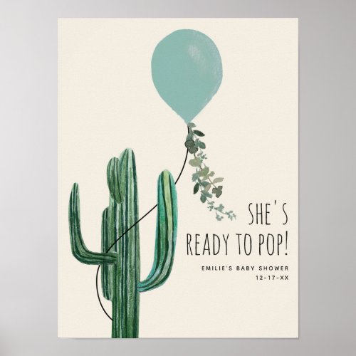 Ready To Pop Blue Balloon Cactus Boy Baby Shower Poster