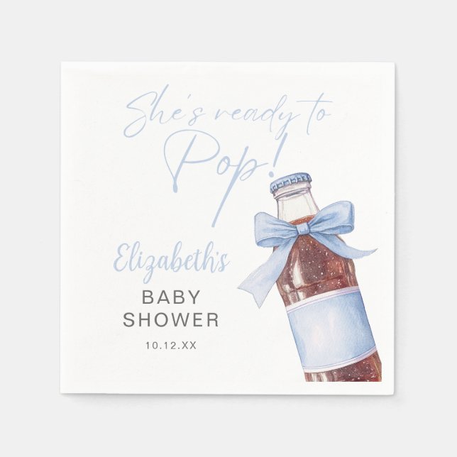 Ready To Pop Blue Bow Soda Bottle Baby Shower Napkins (Front)