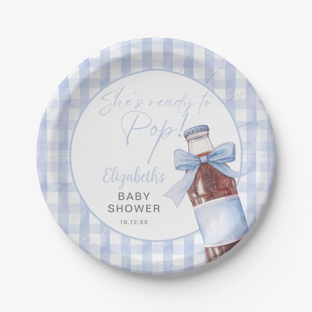 Ready To Pop Blue Bow Soda Bottle Baby Shower Paper Plates (Front)