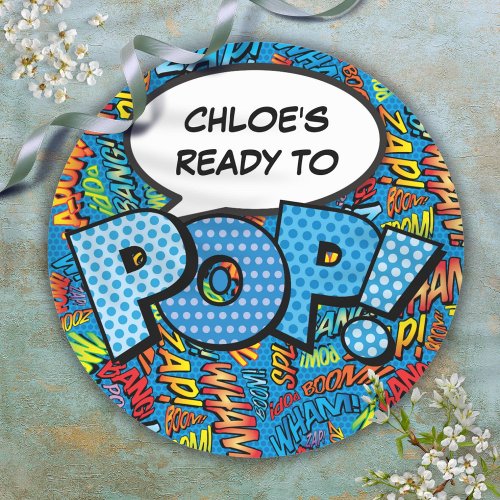 Ready to POP Blue Comic Book Baby Shower Sprinkle  Classic Round Sticker