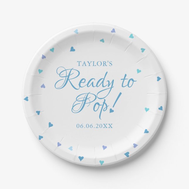 Ready to Pop Blue Love Hearts Baby Boy Shower Paper Plates (Front)