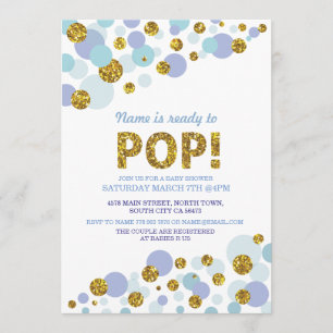 Ready to Pop Boy Baby Shower Blue Gold Invite
