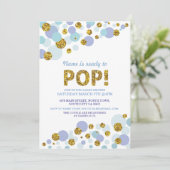 Ready to Pop Boy Baby Shower Blue Gold Invite (Standing Front)