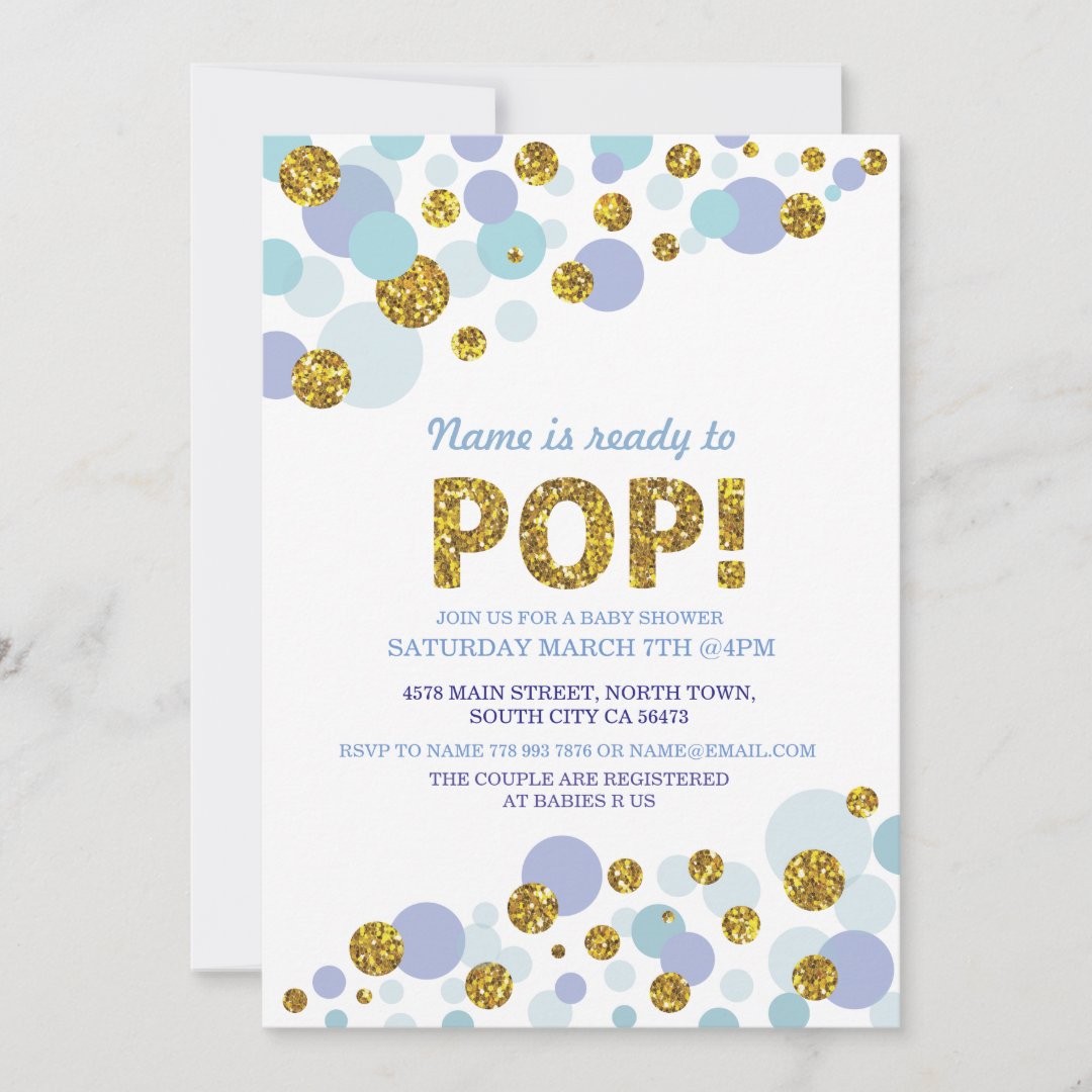 Ready to Pop Boy Baby Shower Blue Gold Invite | Zazzle