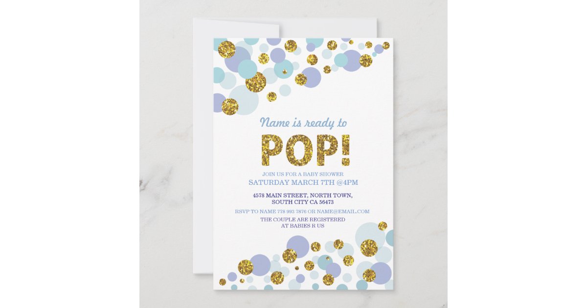 Ready to Pop Boy Baby Shower Blue Gold Invite | Zazzle