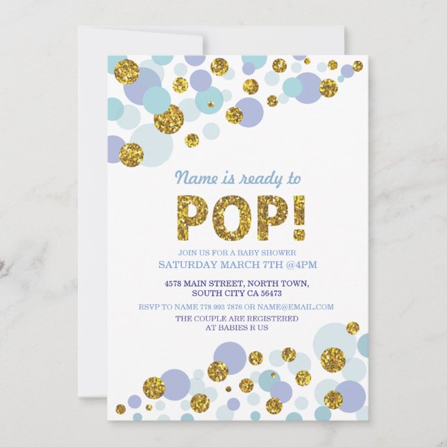Ready to Pop Boy Baby Shower Blue Gold Invite (Front)