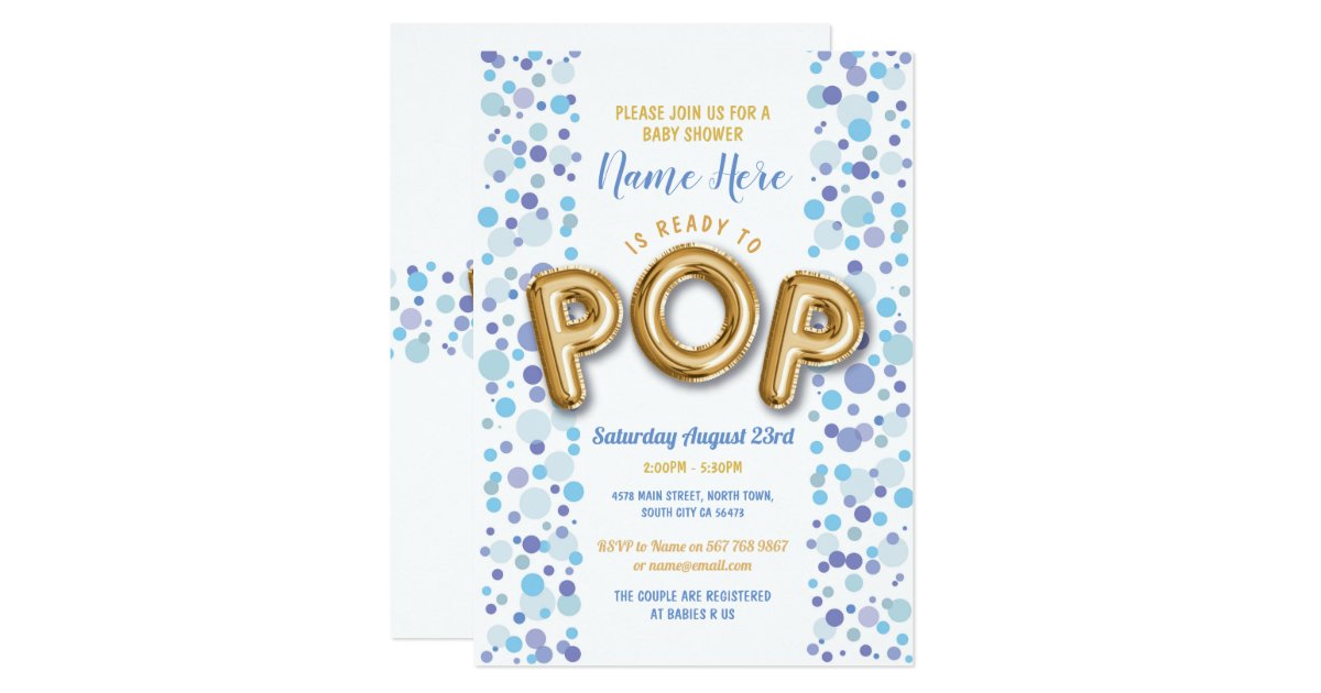 Ready to POP Boy Baby Shower Gold &amp; Blue Invite | Zazzle.com