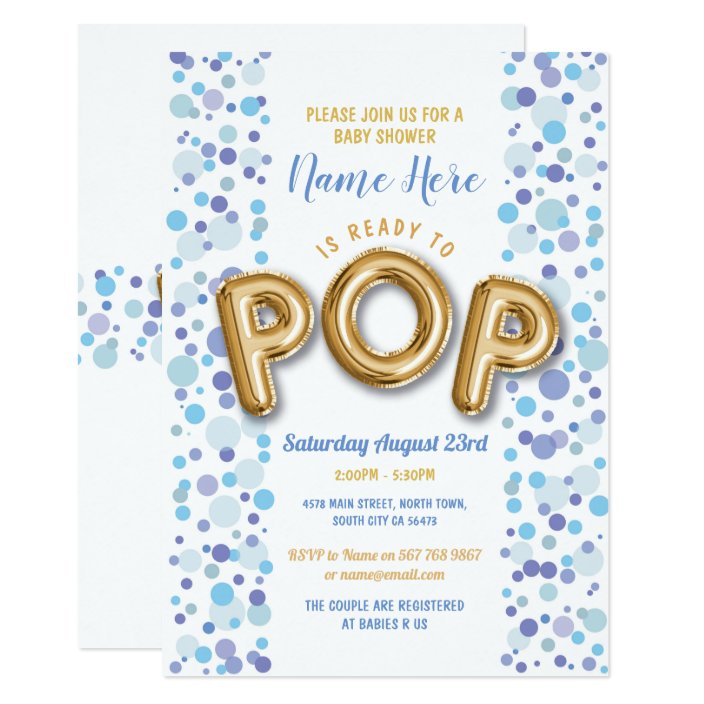 Ready to POP Boy Baby Shower Gold &amp; Blue Invite | Zazzle.com