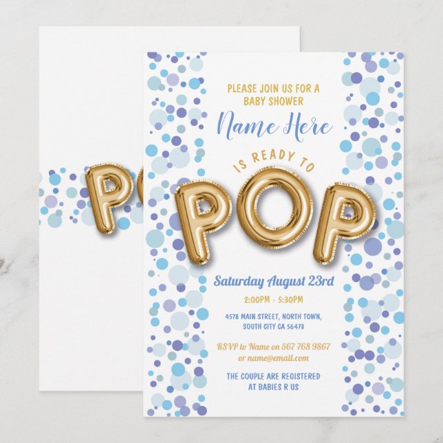 Ready to POP Boy Baby Shower Gold & Blue Invite (Front/Back)