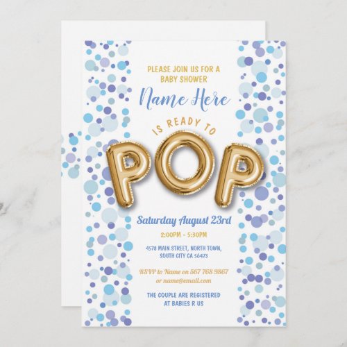 Ready to POP Boy Baby Shower Gold  Blue Invite
