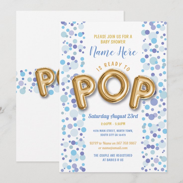 Ready to POP Boy Baby Shower Gold &amp; Blue Invite | Zazzle