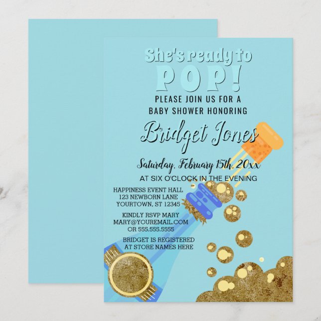 Ready to Pop Champagne Baby Blue Boy Shower Invitation (Front/Back)