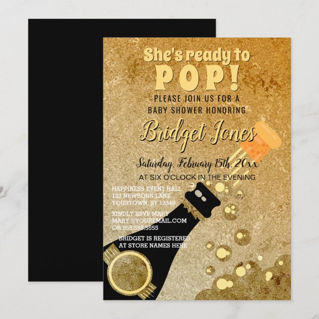 Ready to Pop Champagne Glamorous Gold Baby Shower Invitation (Front/Back)