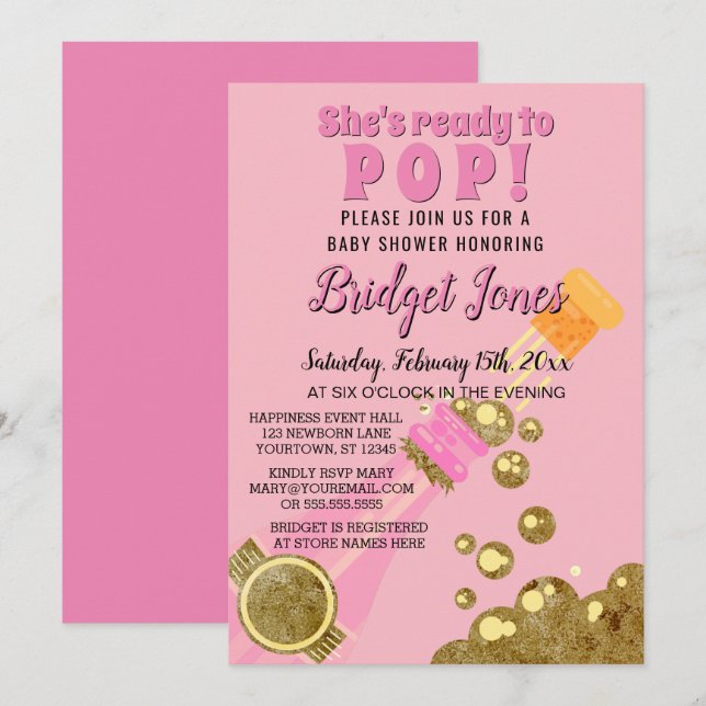 Ready to Pop Champagne Pink Baby Girl Shower Invitation (Front/Back)