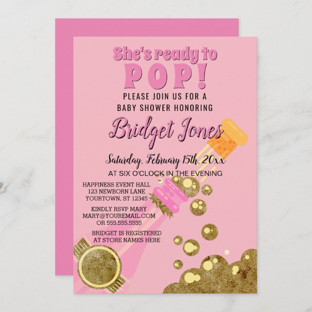 Ready to Pop Champagne Pink Baby Girl Shower Invitation (Front/Back)