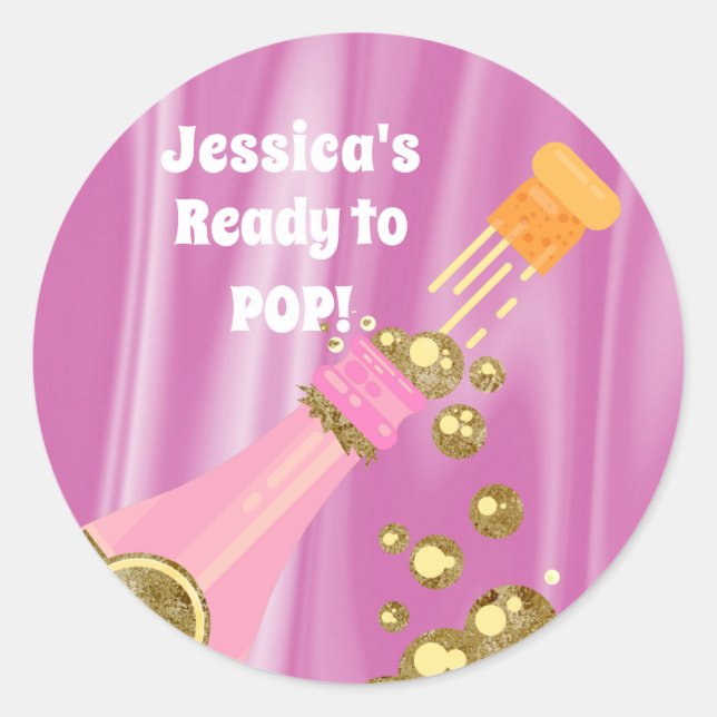 Ready to Pop Champagne Pink Baby Shower Favor Classic Round Sticker (Front)