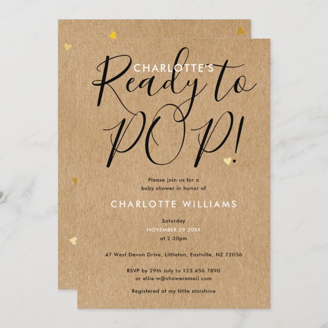 Ready To Pop Chic Script Rustic Kraft Baby Shower Invitation (Front/Back)