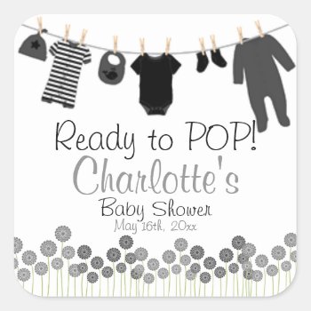 Ready To Pop! Clothesline Baby Shower Square Sticker by LaBebbaDesigns at Zazzle