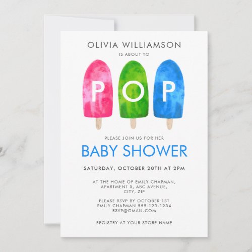 Ready to Pop colorful Popsicle Blue Baby Shower Invitation