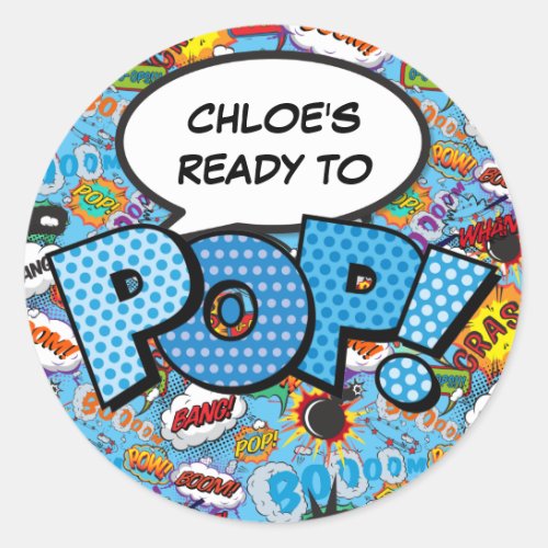 Ready to POP Comic Book Baby Shower Sprinkle Blue Classic Round Sticker