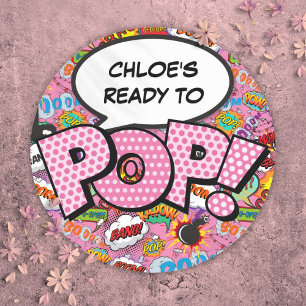 Ready to POP Comic Book Baby Shower Sprinkle Pink Classic Round Sticker