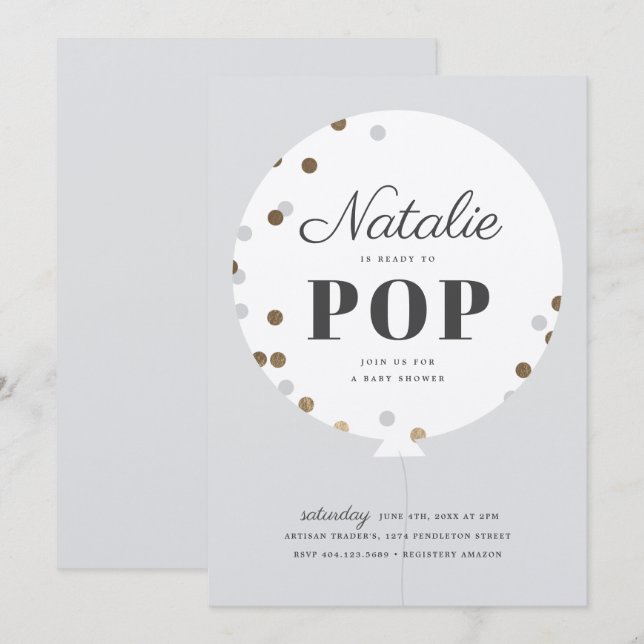 Ready to pop confetti balloon grey baby shower invitation (Front/Back)
