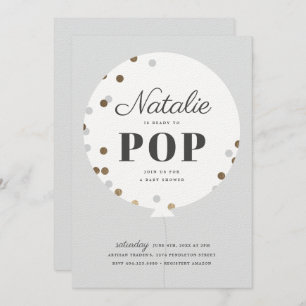 Ready to pop confetti balloon grey baby shower invitation