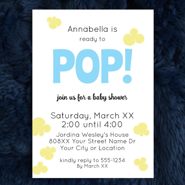 Ready to Pop Cute Boy Blue Popcorn Baby Shower Invitation (Creator Uploaded)
