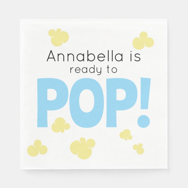 Ready to Pop Cute Boy Blue Popcorn Baby Shower Napkins (Front)