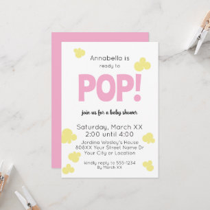 Ready to Pop Cute Girl Pink Popcorn Baby Shower Invitation
