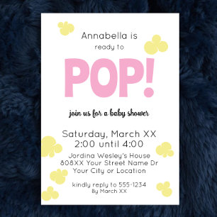 Ready to Pop Cute Girl Pink Popcorn Baby Shower Invitation